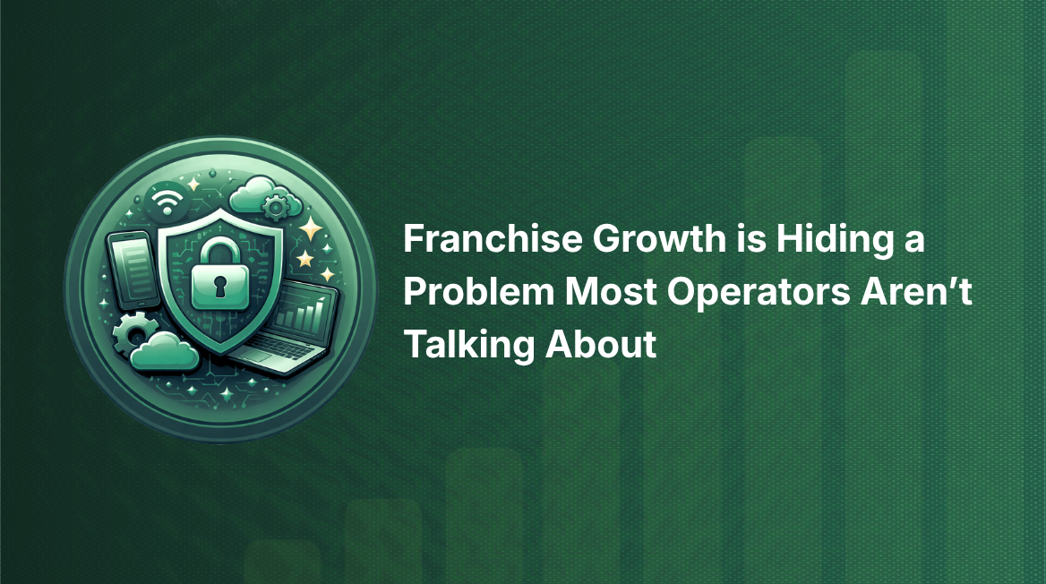 An illustration with a light green circular icon on the left side, containing a shield with a padlock, a laptop, a smartphone, a gear, a wifi signal, and a cloud, against a dark green textured background with lighter green vertical lines resembling bar charts on the right. The white text on the right side of the illustration reads, "Franchise Growth is Hiding a Problem Most Operators Aren't Talking About".